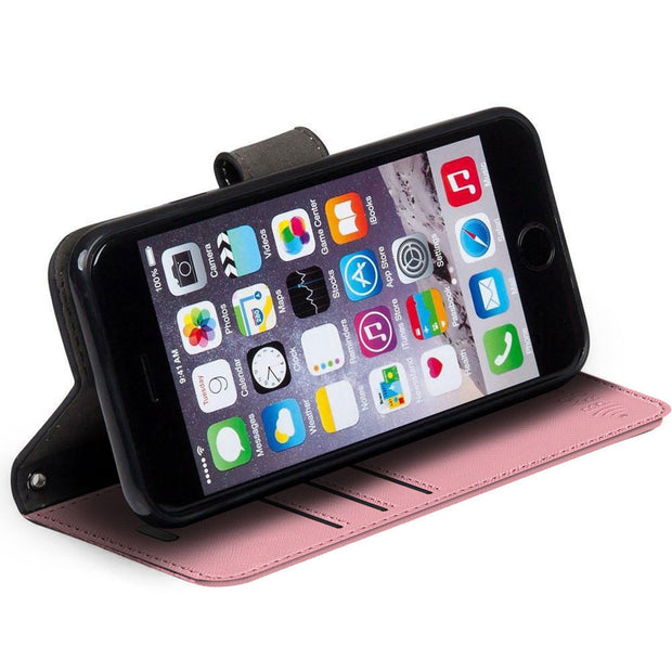 Pink iPhone 6 Plus, 7 Plus & 8 Plus RFID blocking wallet case with stand