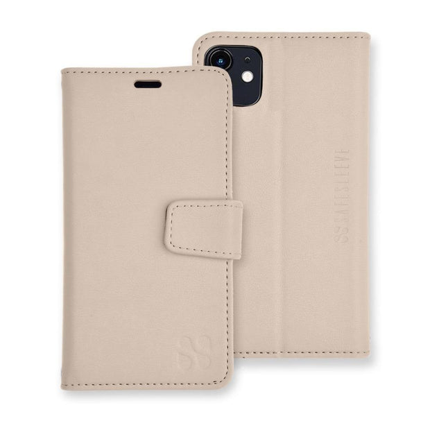 Beige iPhone 11 RFID blocking wallet with convertible stand