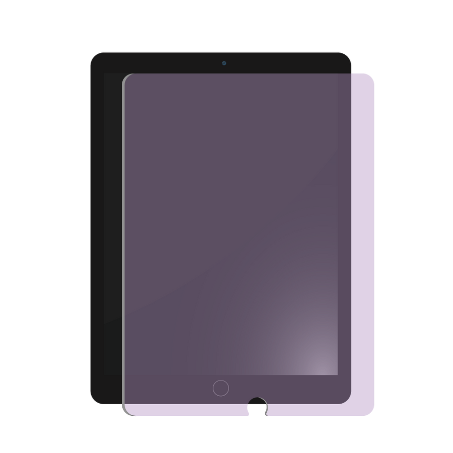 Blue light blocking screen protector for iPad 10.2, 8th and 9th generation, shown layered over an iPad device.