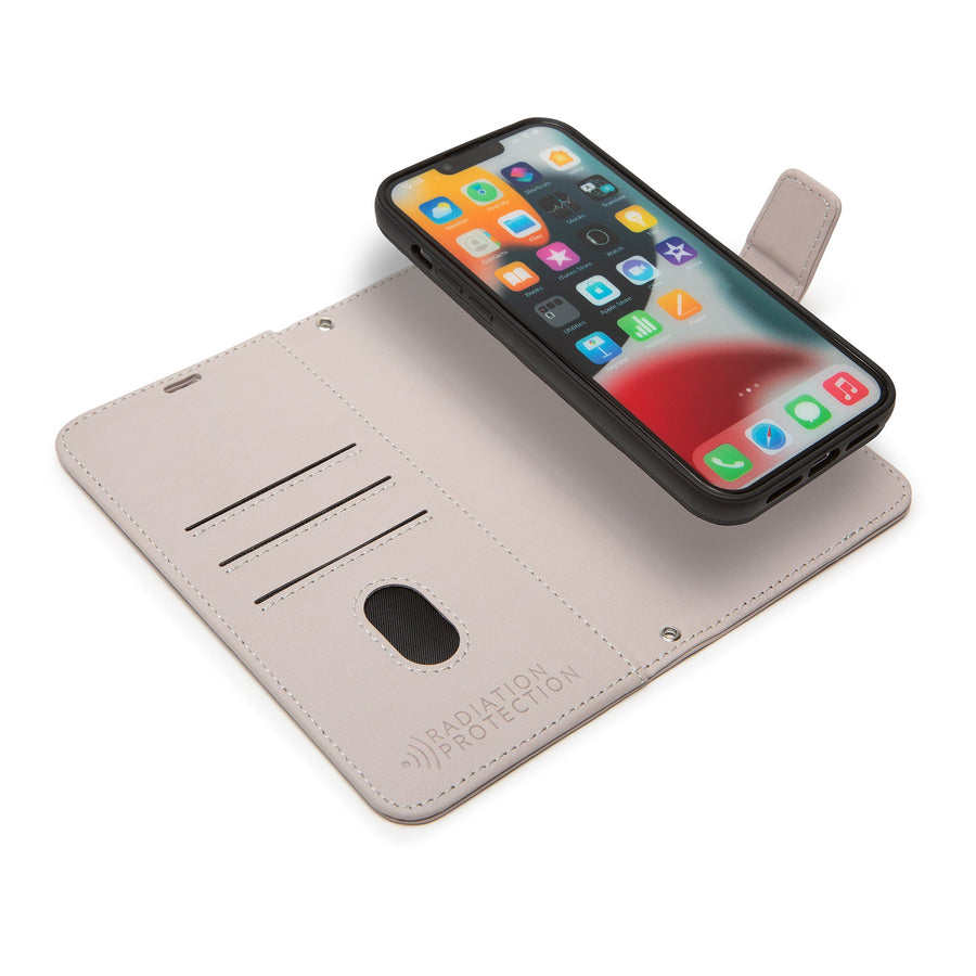 SafeSleeve detachable case for iPhone 16 series, featuring a sleek design and radiation protection with phone displayed.