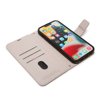 SafeSleeve protective case for iPhone 16 series with RFID blocking wallet, card slots, and radiation protection, open to display phone.