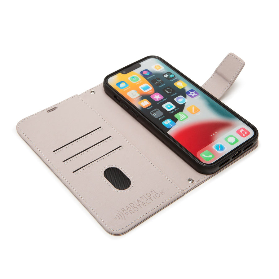 SafeSleeve iPhone 16 Series case open, showcasing a phone inside with card slots and radiation protection feature.