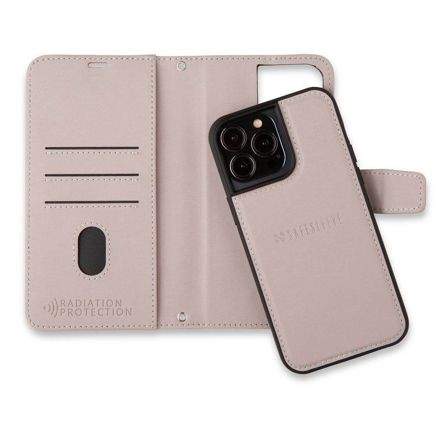 SafeSleeve detachable case for iPhone 16 series featuring radiation protection and card slots in a sleek design.