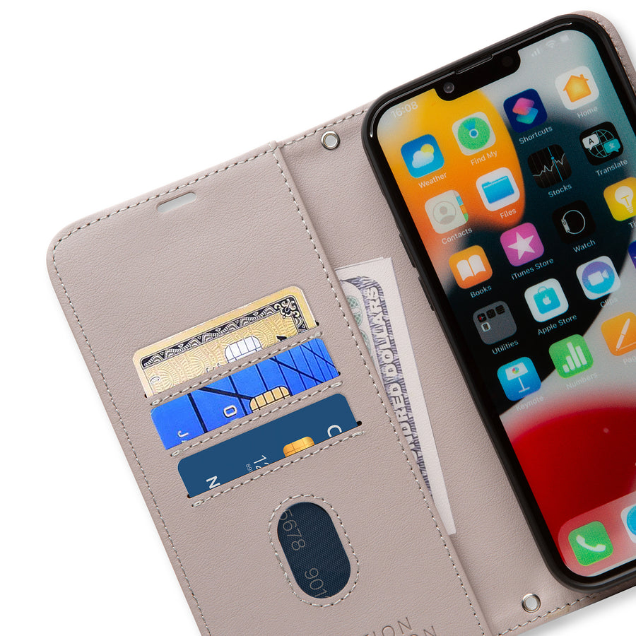 A beige flip phone case with card slots, a cash pocket, and an opening for an iPhone 16 series device.