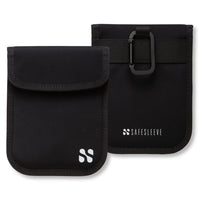 Black security and privacy pouches for key fobs with protective material and a secure closure, designed to prevent signal theft.