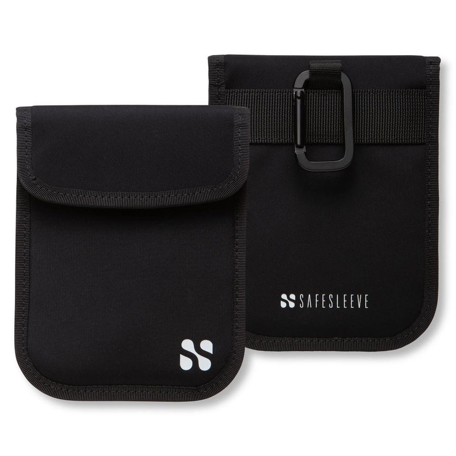 Black security and privacy pouches for key fobs with protective material and a secure closure, designed to prevent signal theft.