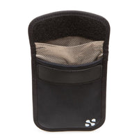 Black security and privacy pouch for key fob with a mesh pocket and Velcro closure, designed to block RFID signals.
