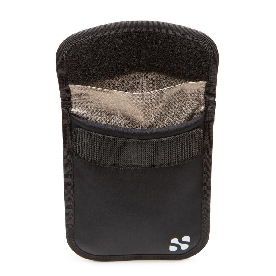 Black security and privacy pouch for key fob with a mesh pocket and Velcro closure, designed to block RFID signals.