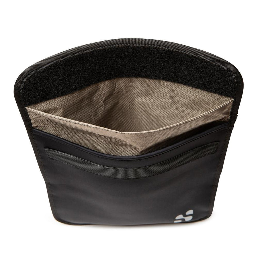 Black security and privacy pouch for tablets and iPads with a zippered front pocket and interior mesh compartment.