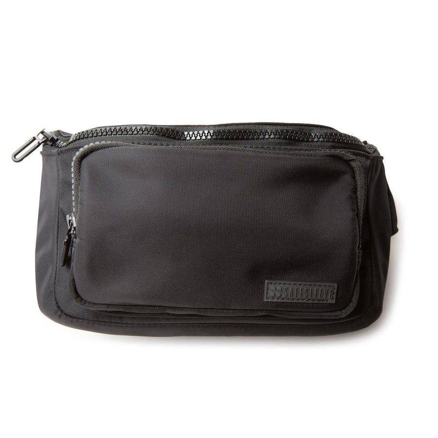 Black SafeSleeve Security & Privacy Strap Pack featuring a zippered compartment for secure storage and travel convenience.