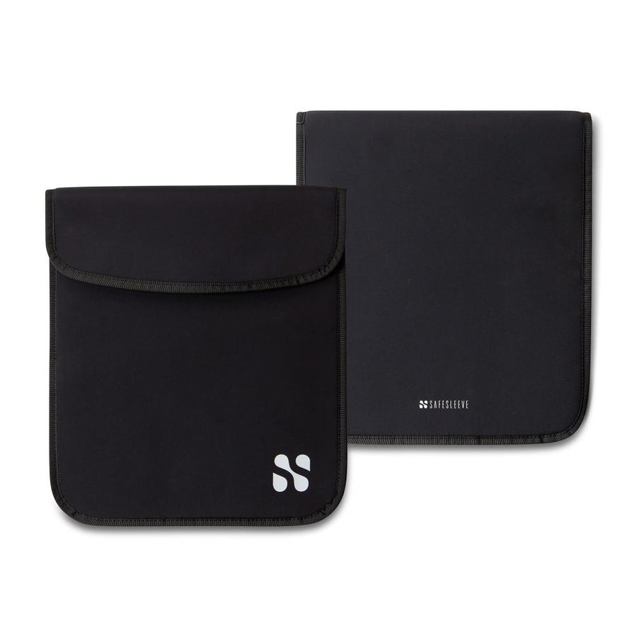 Black security and privacy pouches for tablets and iPads, with protective design and secure closures for safe transport.