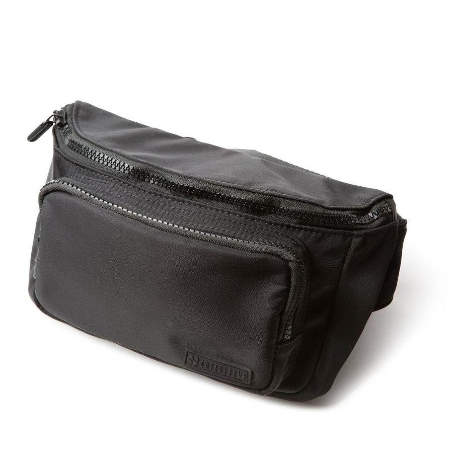 Black security and privacy strap pack with multiple zippered compartments and adjustable straps for device protection.