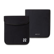 Black security and privacy pouch designed for tablets and iPads, featuring a sleek, minimalist design.