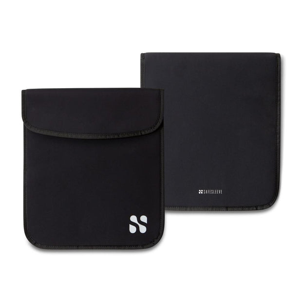 Black security and privacy pouch designed for tablets and iPads, featuring a sleek, minimalist design.