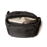 Black SafeSleeve Security & Privacy Strap Pack with an open zipper, revealing a spacious interior and organizational pockets.