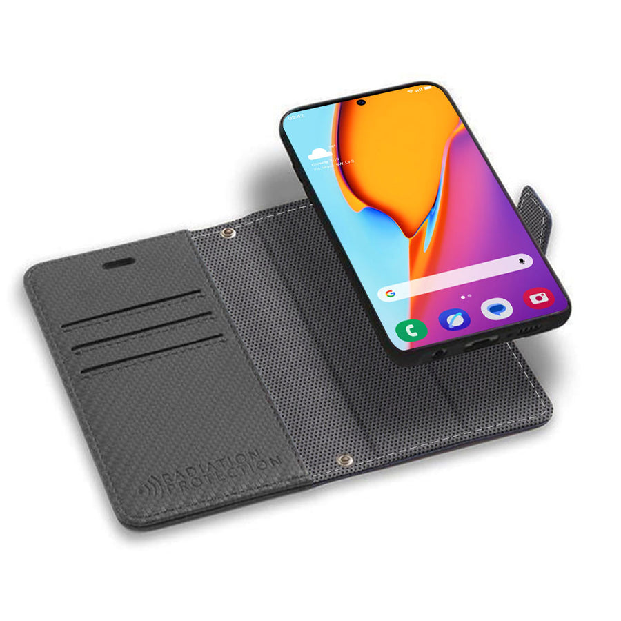 Black SafeSleeve detachable wallet case for Samsung Galaxy S25 series with card slots and protective cover, shown open with phone inside.