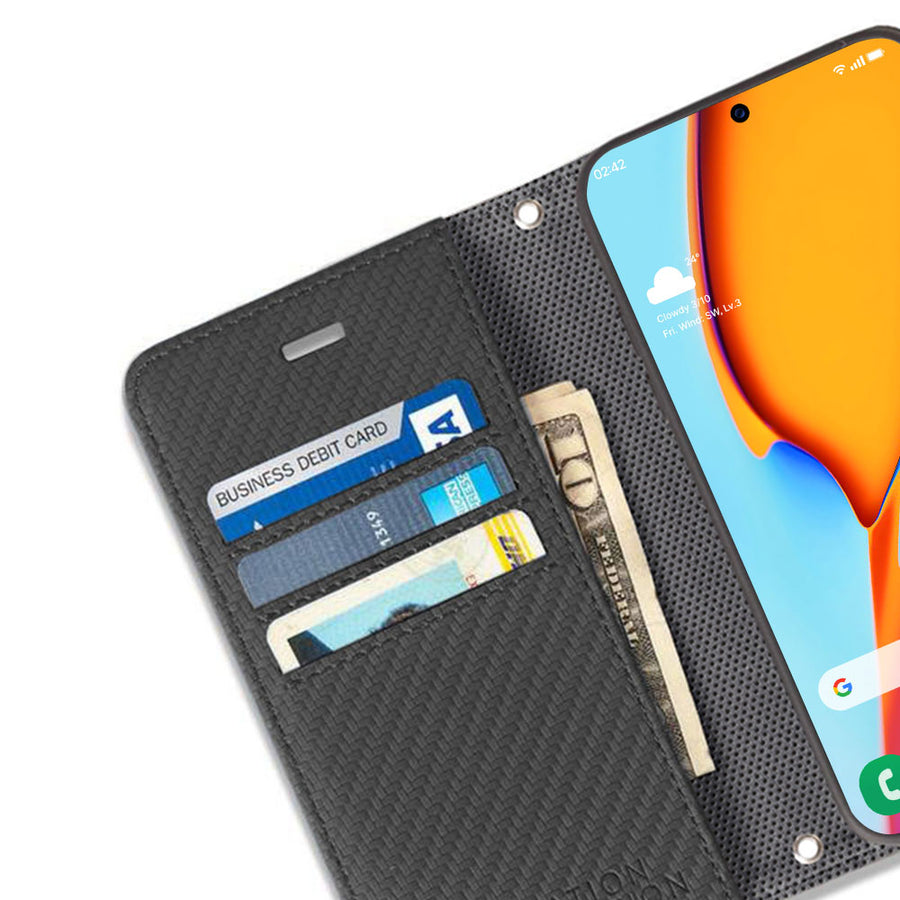 Black SafeSleeve detachable wallet case with card slots and cash pocket, designed for Samsung Galaxy S25 series smartphones.