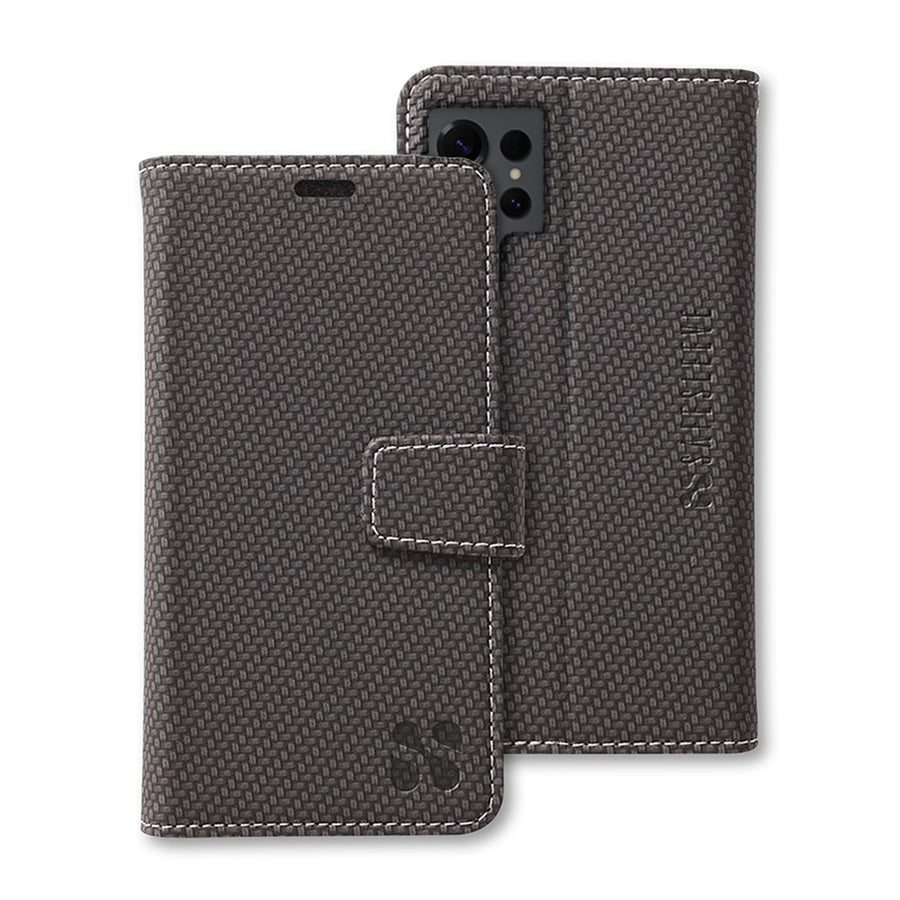 Brown textured detachable SafeSleeve phone case for Samsung Galaxy S25, S25 Plus, and S25 Ultra with a magnetic flap.