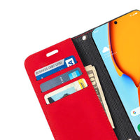 Red SafeSleeve wallet case for Samsung Galaxy S24 series, featuring card slots and a sleek design for protection.