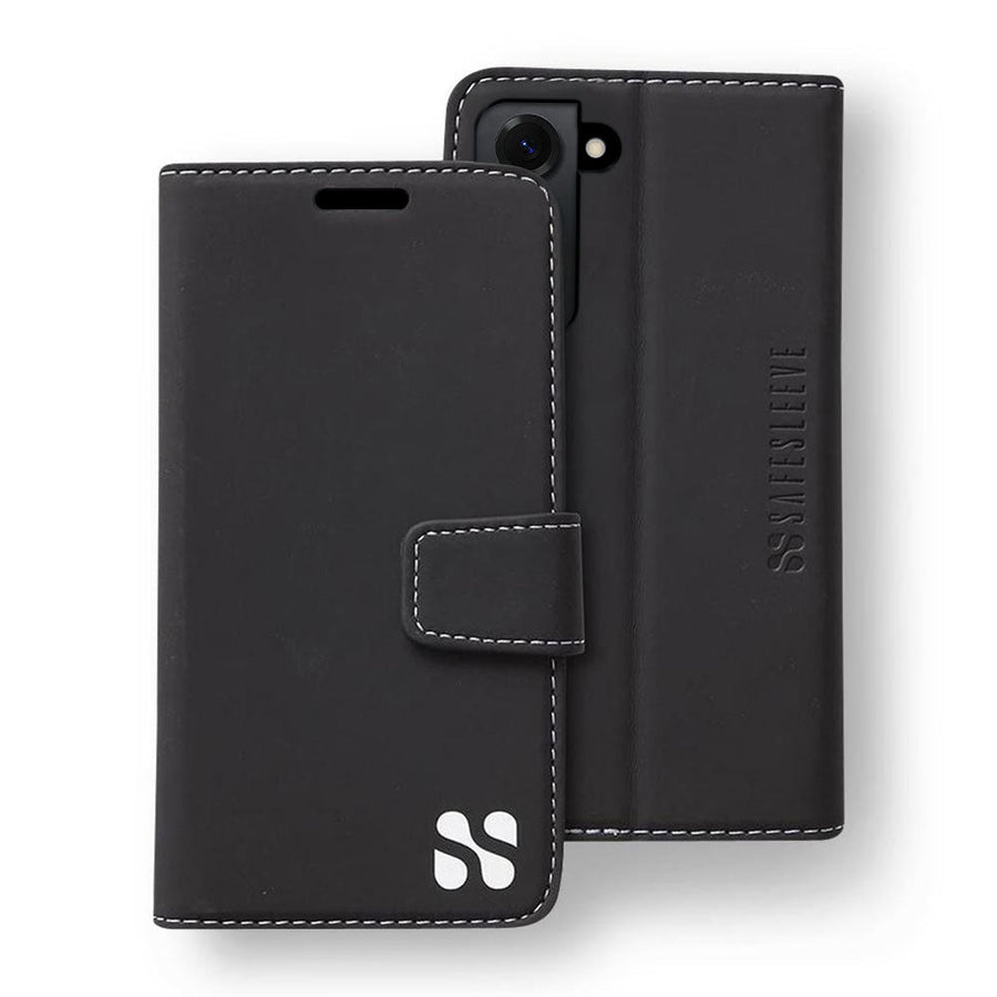Black SafeSleeve case for Samsung Galaxy S24, S24 Plus, and S24 Ultra, featuring a sleek design and magnetic closure.