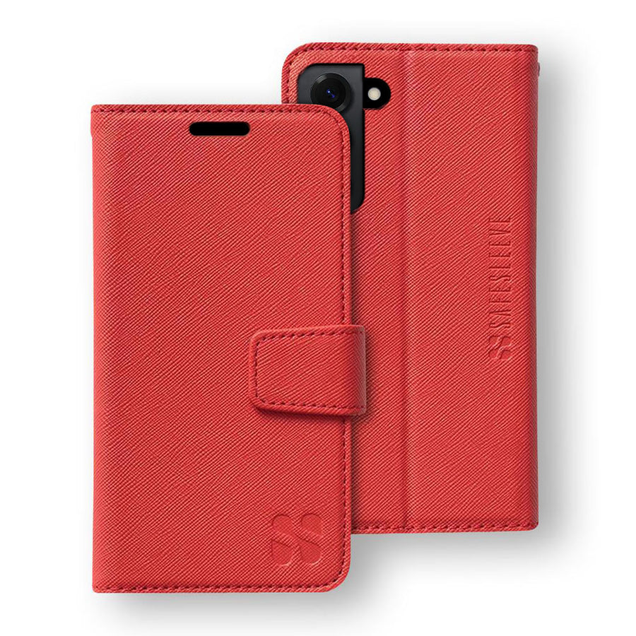 Red protective flip cover for Samsung Galaxy S25, S25 Plus, and S25 Ultra smartphones, featuring a textured finish and secure closure.