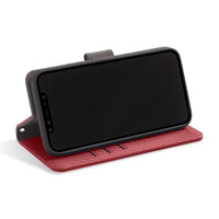 Red iPhone 11 Pro RFID blocking wallet with convertible stand