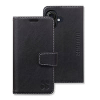 Black leather-style phone case with white stitching and a magnetic flap, designed for the iPhone 16 series with antimicrobial protection.