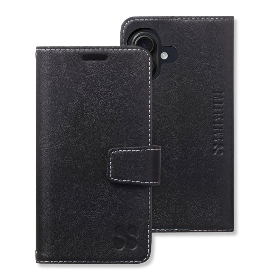 Black leather-style phone case with white stitching and a magnetic flap, designed for the iPhone 16 series with antimicrobial protection.