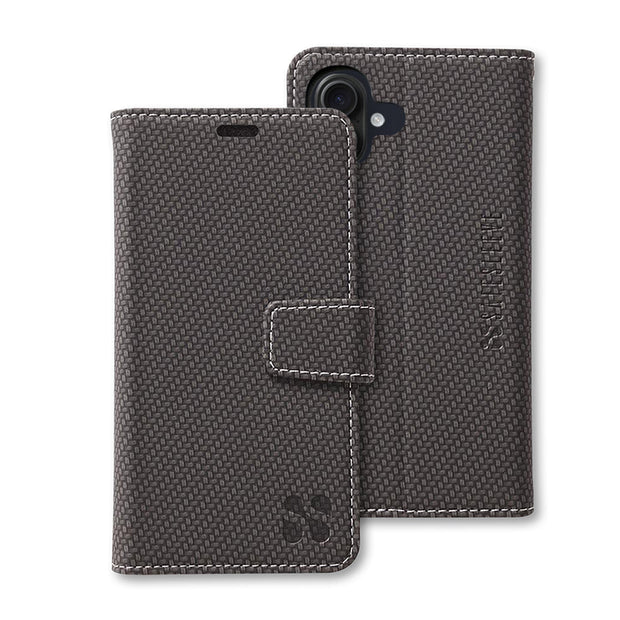 SafeSleeve detachable case for iPhone 16 series, featuring a textured gray design and secure closure for protection.