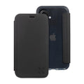 Black SafeSleeve Slim phone case for iPhone 16 series with protective cover and card slot, designed for model compatibility.