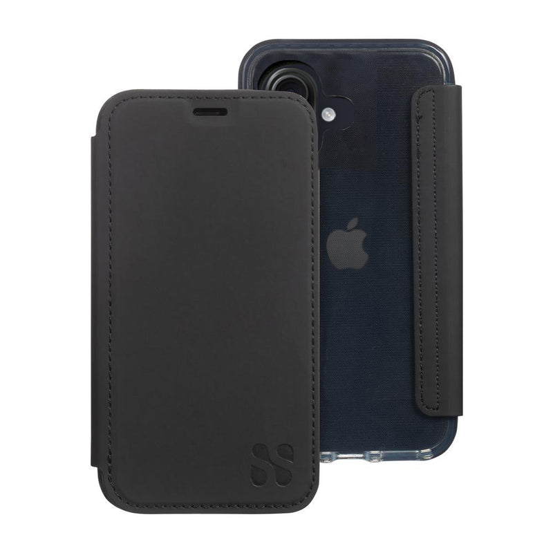 Black SafeSleeve Slim phone case for iPhone 16 series with protective cover and card slot, designed for model compatibility.
