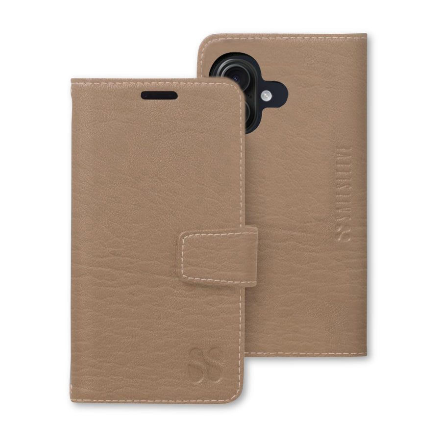 Beige antimicrobial phone case with a flip cover and cutouts for the camera and speaker, designed for iPhone 16 series.