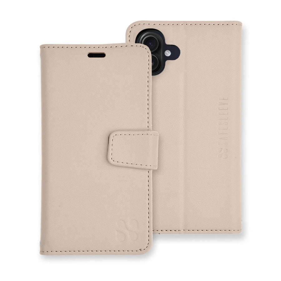 SafeSleeve detachable case for iPhone 16 series in beige, featuring a sleek design and secure closure.