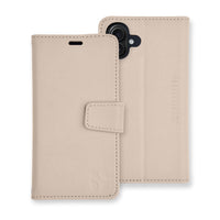 SafeSleeve protective case for iPhone 16 Series featuring a sleek beige design with a magnetic closure and camera cutout.