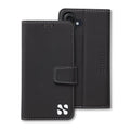 Black leather phone case with white stitching and a magnetic flap, designed for the iPhone 16 series, featuring the SafeSleeve logo.