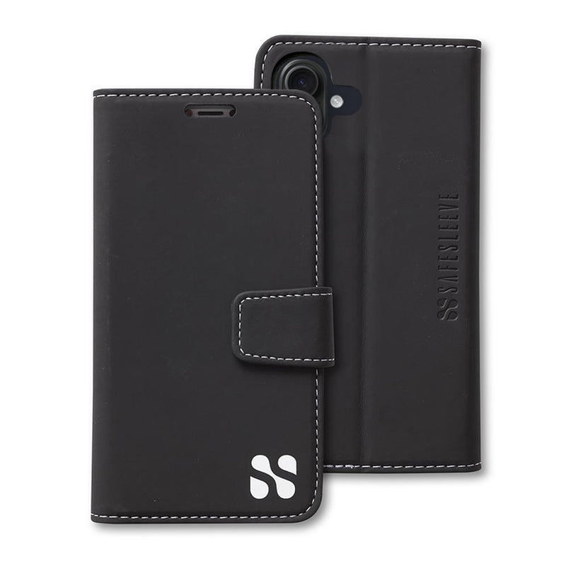 Black leather phone case with white stitching and a magnetic flap, designed for the iPhone 16 series, featuring the SafeSleeve logo.