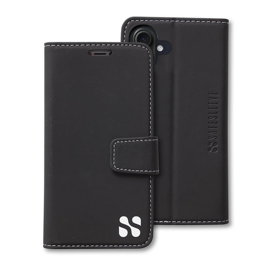 Black SafeSleeve case for iPhone 16 Series, featuring a foldable design and secure closure for protection and style.