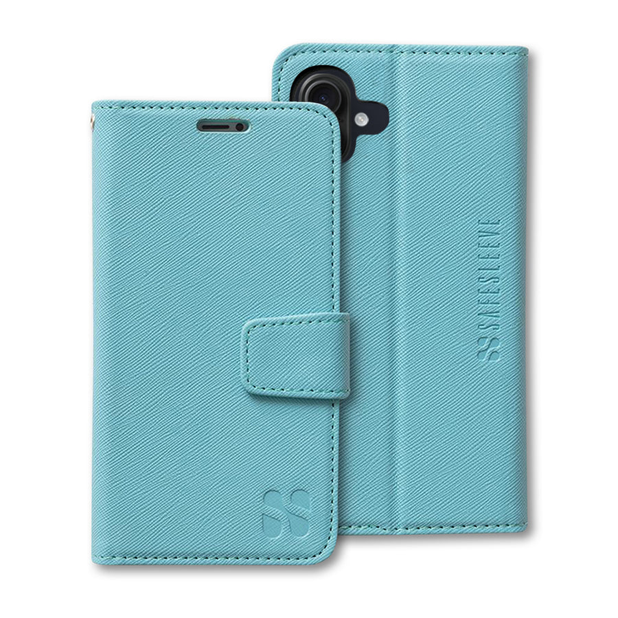 Light blue leather wallet-style phone case with a magnetic closure and embossed SafeSleeve logo for iPhone 16 series models.