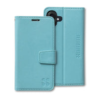 Turquoise SafeSleeve case for iPhone 16 Series, featuring a sleek design and protective flap for secure closure.