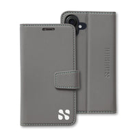 Gray protective flip cover case for iPhone 16 series with embossed SafeSleeve logo and stitched edges.