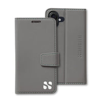 Gray SafeSleeve wallet case for iPhone 16 Series, featuring a magnetic closure and protective design for devices.