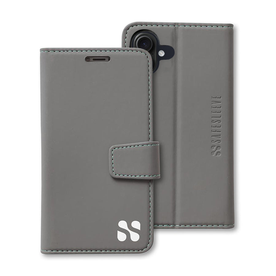 Gray SafeSleeve wallet case for iPhone 16 Series, featuring a magnetic closure and protective design for devices.