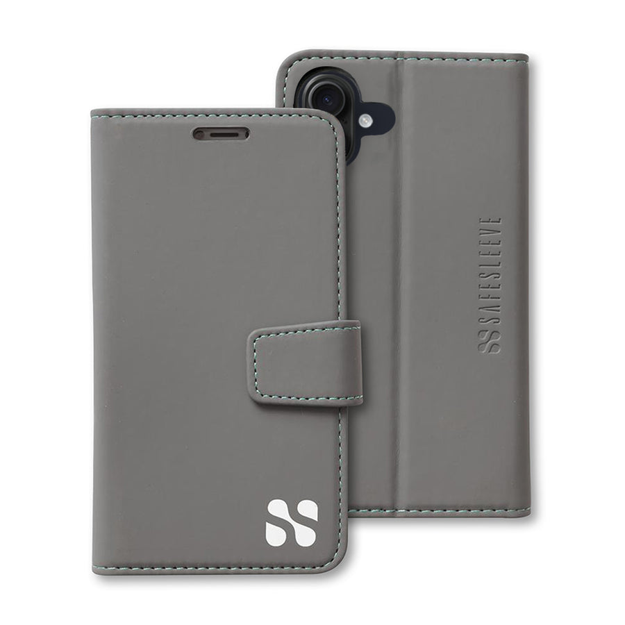 Gray protective flip cover case for iPhone 16 series with embossed SafeSleeve logo and stitched edges.