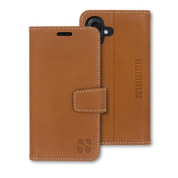 Leather wallet-style phone case for iPhone 16 series with a magnetic flap and cutout for camera.