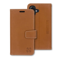Brown leather detachable case for iPhone 16 series, featuring a magnetic closure and embossed logo.