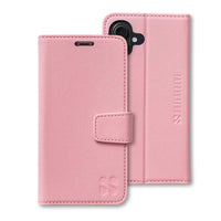 Pink protective wallet case for iPhone 16 series with a flip cover, card slots, and embossed brand logo.