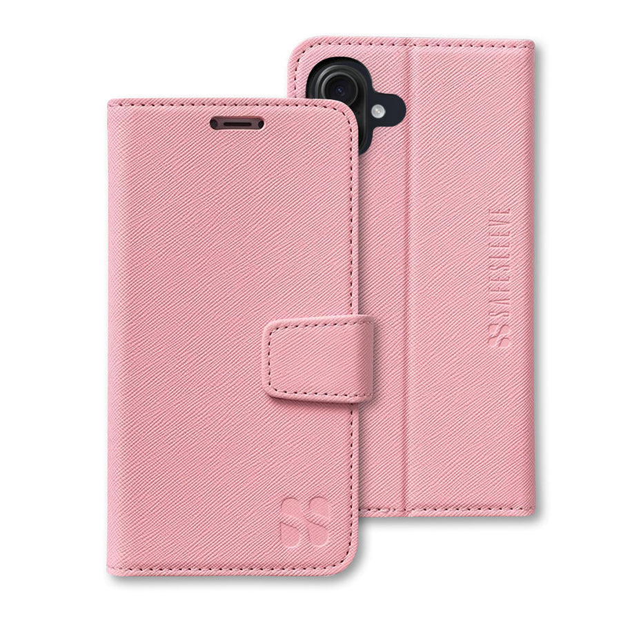 Pink SafeSleeve case for iPhone 16 Series, featuring a foldable design and magnetic closure for protection and style.