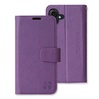 Purple SafeSleeve wallet case for iPhone 16 series with protective cover and card holder feature.