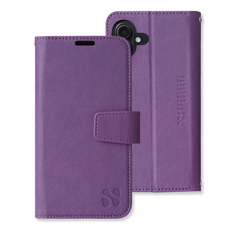 Purple SafeSleeve detachable case for iPhone 16 series, featuring a sleek design and secure magnetic closure.