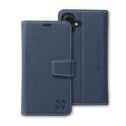 SafeSleeve detachable case for iPhone 16 series in navy blue, featuring a textured design and secure closure.